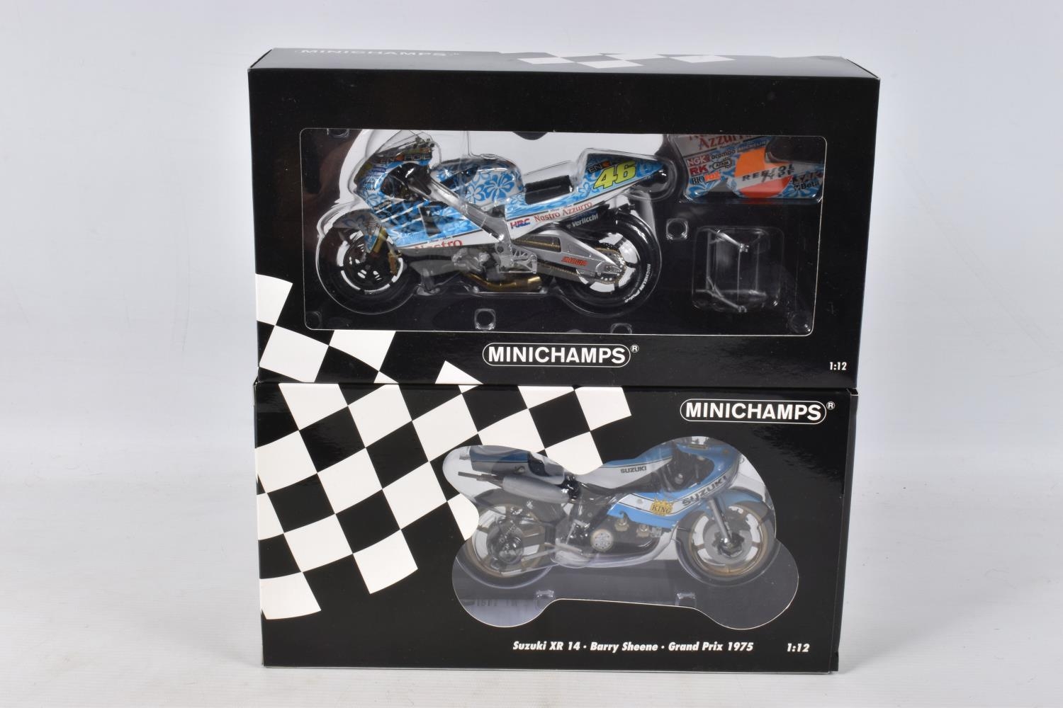 TWO BOXED MINICHAMPS 1:12 SCALE MODEL MOTORCYCLES, the first a Suzuki XR 14  Barry Sheene Grand Prix