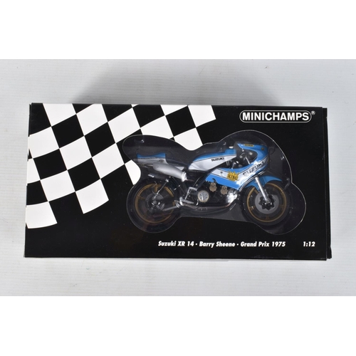 TWO BOXED MINICHAMPS 1:12 SCALE MODEL MOTORCYCLES, the first a Suzuki XR 14  Barry Sheene Grand Prix