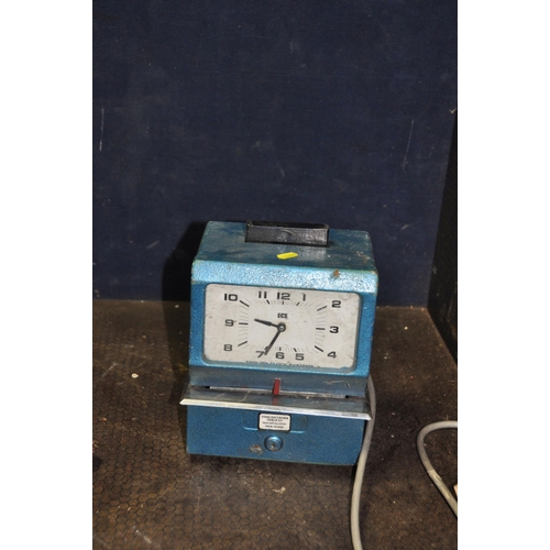 1075 - A VINTAGE ENGLISH CLOCK SYSTEM TIME RECORDING CLOCKING IN MACHINE over painted in blue (lid isn't sc... 