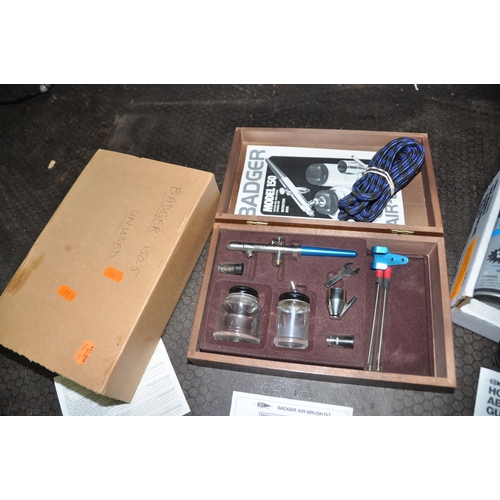 1078 - A BOXED BADGER MODEL 150 AIRBRUSH in wooden case with accessories, a Badger Hobby Abrasive gun with ... 