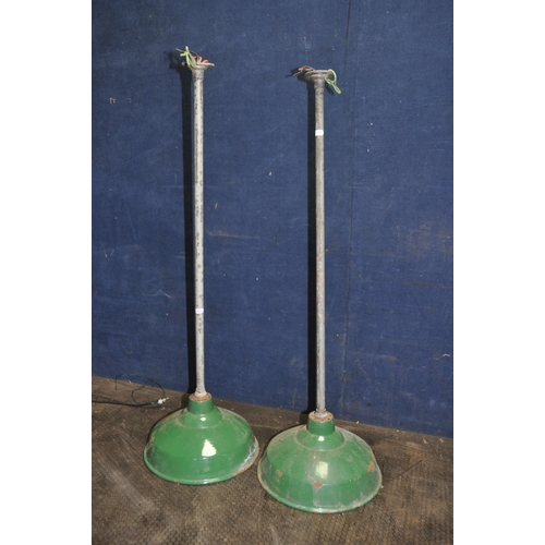 1081 - A PAIR OF INDUSTRIAL PENDANT LIGHTS with 12in enamel shade, green to outside and white inside, total... 