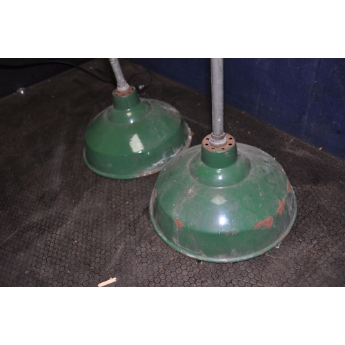 1081 - A PAIR OF INDUSTRIAL PENDANT LIGHTS with 12in enamel shade, green to outside and white inside, total... 