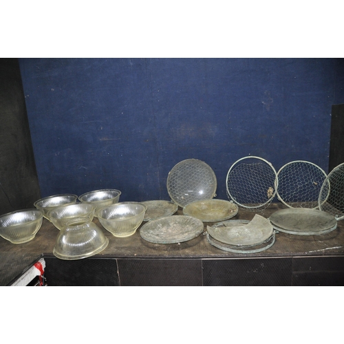 1083 - TWO BOXES OF VINTAGE LIGHT FITTINGS AND SHADES including eight hanging shades with mesh bowl, chrome... 