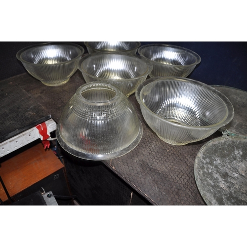 1083 - TWO BOXES OF VINTAGE LIGHT FITTINGS AND SHADES including eight hanging shades with mesh bowl, chrome... 