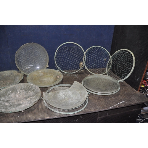 1083 - TWO BOXES OF VINTAGE LIGHT FITTINGS AND SHADES including eight hanging shades with mesh bowl, chrome... 