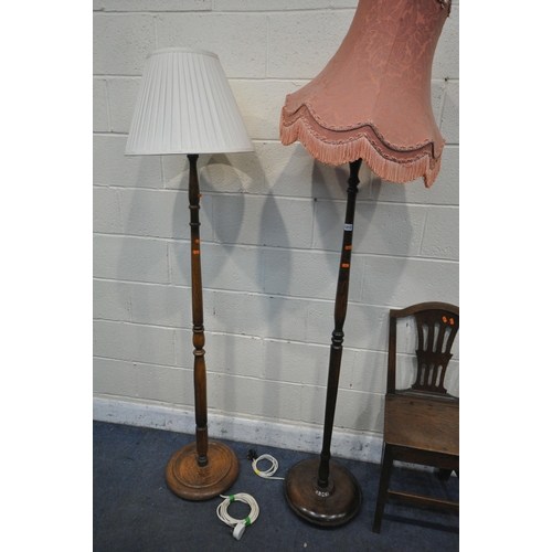 1213 - TWO OAK STANDARD LAMPS, with fabric shades, a Georgian oak chair, and a mirror (condition report: br... 