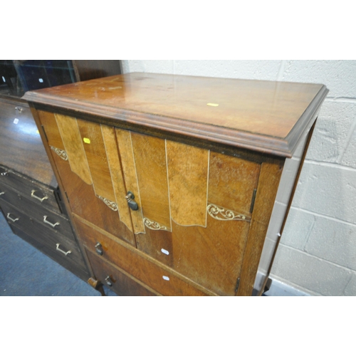 1222 - AN ART DECO WALNUT AND INLAID TWO DOOR CUPBOARD, width 76cm x depth 50cm x height 112cm, along with ... 