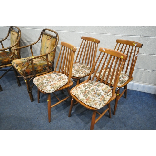 1229 - A SET OF BEECH SPINDLE BACK CHAIRS, with loose cushions, along with two wicker conservatory chairs (... 