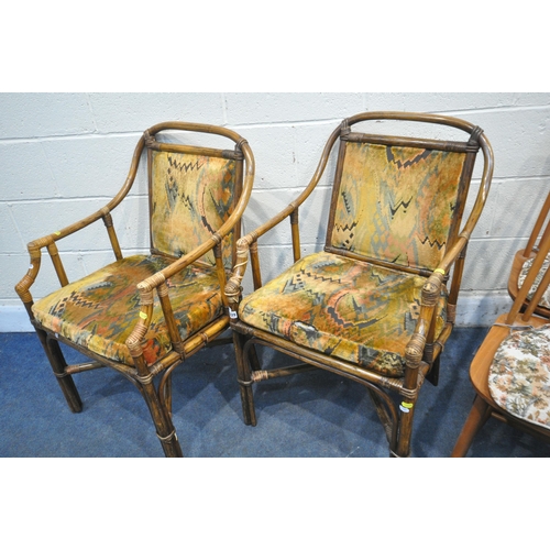 1229 - A SET OF BEECH SPINDLE BACK CHAIRS, with loose cushions, along with two wicker conservatory chairs (... 