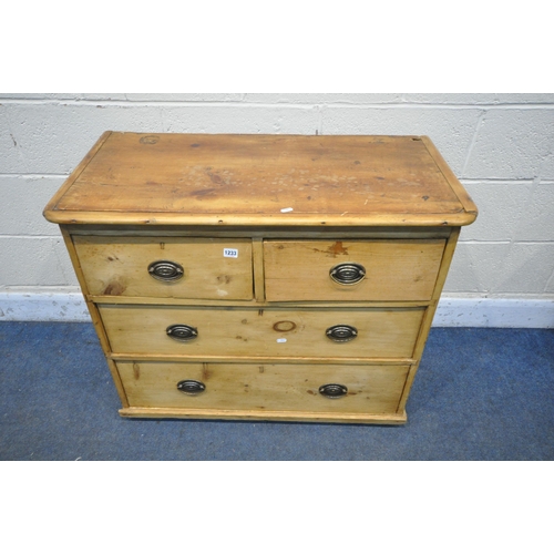 1233 - A 19TH CENTURY PINE CHEST OF TWO SHORT AND TWO LONG DRAWERS, width 93cm x depth 46cm x height 77cm (... 