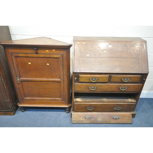 1268 - A GEORGIAN OAK BUREAU, width 91cm x depth 47cm x height 108cm, an oak panelled corner cupboard, a te... 