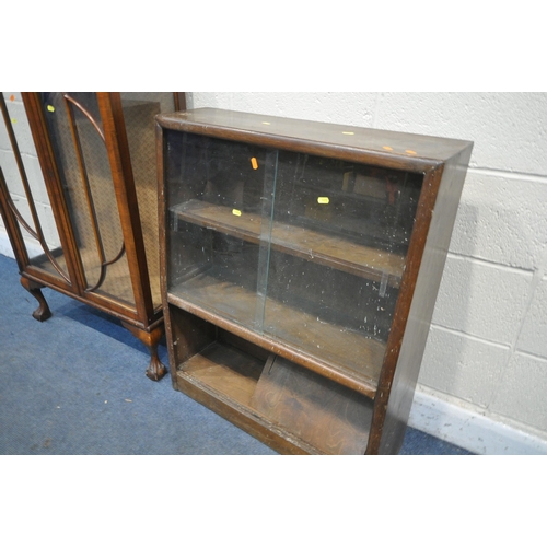 1272 - AN ART DECO WALNUT TWO CHINA CABINET, width 72cm x depth 39cm x height 122cm, and an oak bookcase (c... 