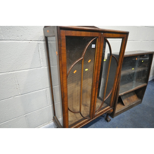 1272 - AN ART DECO WALNUT TWO CHINA CABINET, width 72cm x depth 39cm x height 122cm, and an oak bookcase (c... 