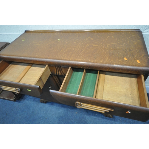 1279 - A 20TH CENTURY OAK SIDEBOARD, with two drawers and two cupboard doors, on shaped legs, length 122cm ... 