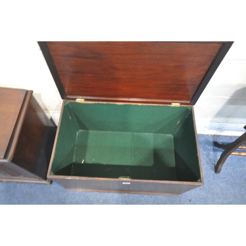 1291 - A 20TH CENTURY MAHOGANY STORAGE BOX, with twin handles, width 66cm x depth 40cm x height 37cm, a fol... 