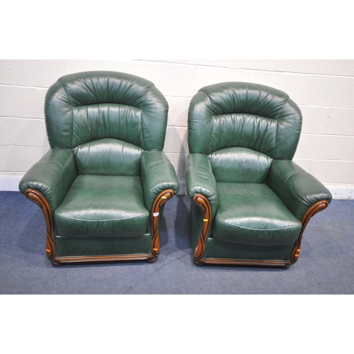 1315 - A PAIR OF GREEN LEATHER ARMCHAIRS, width 84cm x depth 84cm x height 97cm (condition report: good)