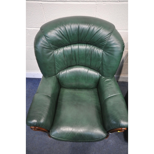 1315 - A PAIR OF GREEN LEATHER ARMCHAIRS, width 84cm x depth 84cm x height 97cm (condition report: good)