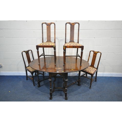 1323 - A 20TH CENTURY MAHOGANY OVAL GATE LEG TABLE, with turned and tapered legs, on shaped feet, united by... 