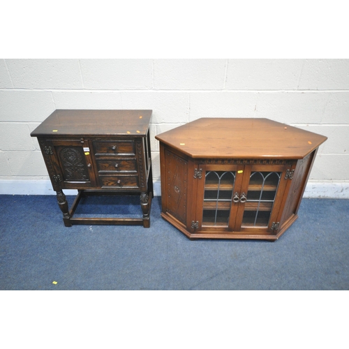 1324 - A 20TH CENTURY OAK SIDE TABLE, with three drawers and single cupboard door, width 65cm x depth 38cm ... 