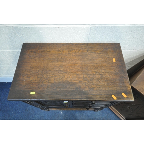 1324 - A 20TH CENTURY OAK SIDE TABLE, with three drawers and single cupboard door, width 65cm x depth 38cm ... 