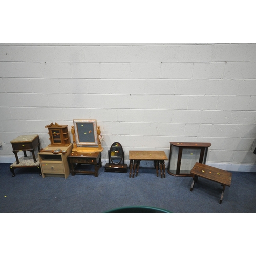 1330 - A SELECTION OF OCCASIONAL FURNITURE, to include an oak nest of three tables, a mahogany hanging glaz... 