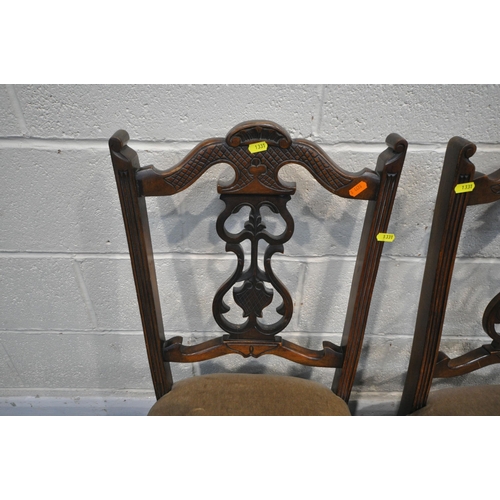 1331 - A PAIR OF 20TH CENTURY MAHOGANY CHAIRS, with shaped back rest, on cabriole front legs, along with an... 