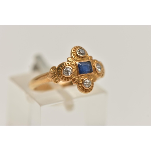 1 - A YELLOW METAL SAPPHIRE AND DIAMOND RING, centring on a rectangular cut blue sapphire, collet set, w... 