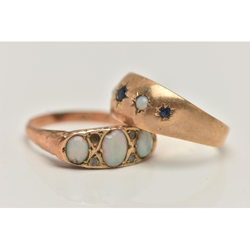 11 - TWO 9CT GOLD GEM SET RINGS, the first set with three oval opal cabochons, and three diamond chips (o... 