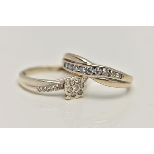 13 - TWO DIAMOND SET RINGS, the first an 18ct white gold diamond half eternity ring, set with a row of ch... 