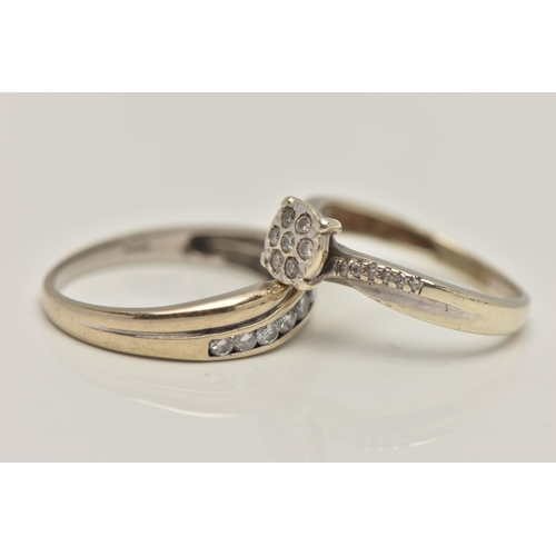 13 - TWO DIAMOND SET RINGS, the first an 18ct white gold diamond half eternity ring, set with a row of ch... 