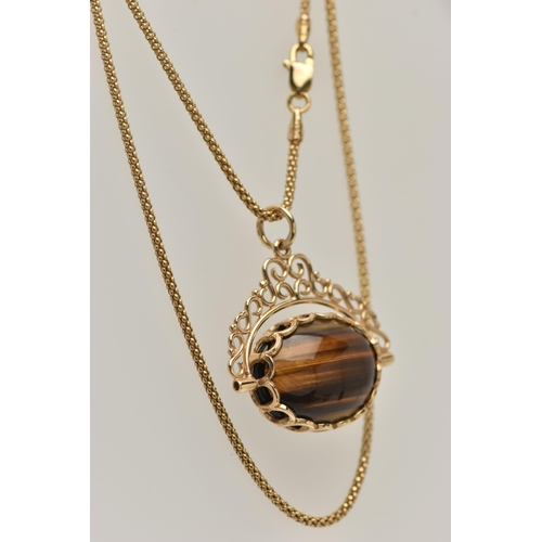 17 - A 9CT GOLD GEM SET SWIVEL FOB PENDANT AND CHAIN, oval swivel fob set with onyx and tiger eyes, to a ... 