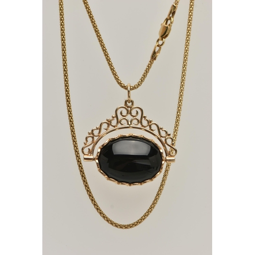 17 - A 9CT GOLD GEM SET SWIVEL FOB PENDANT AND CHAIN, oval swivel fob set with onyx and tiger eyes, to a ... 