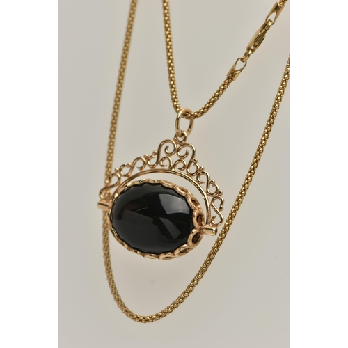 17 - A 9CT GOLD GEM SET SWIVEL FOB PENDANT AND CHAIN, oval swivel fob set with onyx and tiger eyes, to a ... 