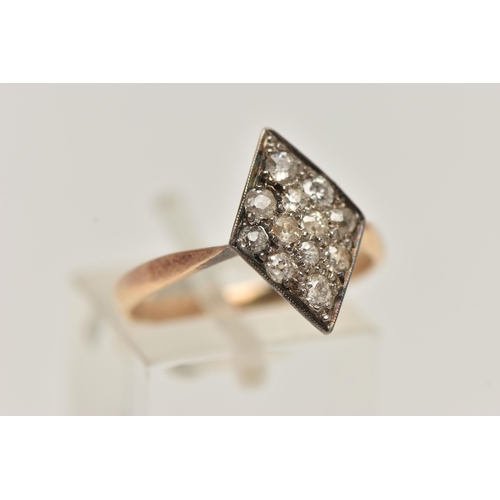 2 - A YELLOW METAL DIAMOND RING, rhombus shape set with eleven old cut diamonds and one round brilliant ... 