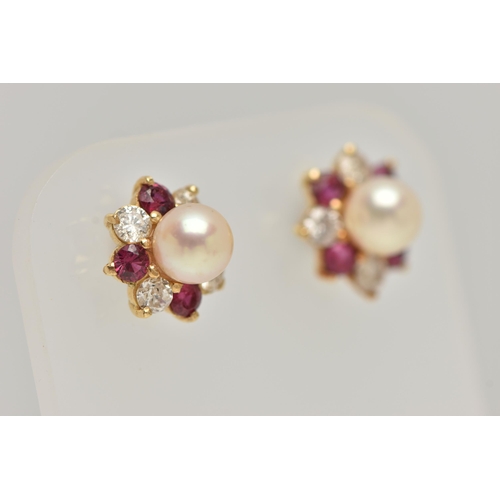 24 - A PAIR OF YELLOW METAL CULTURED PEARL AND GEM SET EARRINGS, each set with a single cultured pearl, i... 