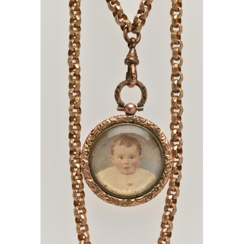 26 - A GOLD PLATED LONGUARD CHAIIN AND PHOTO LOCKET, gold plated textured belcher chain, fitted with a lo... 