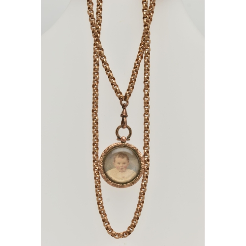 26 - A GOLD PLATED LONGUARD CHAIIN AND PHOTO LOCKET, gold plated textured belcher chain, fitted with a lo... 