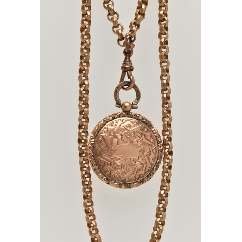 26 - A GOLD PLATED LONGUARD CHAIIN AND PHOTO LOCKET, gold plated textured belcher chain, fitted with a lo... 