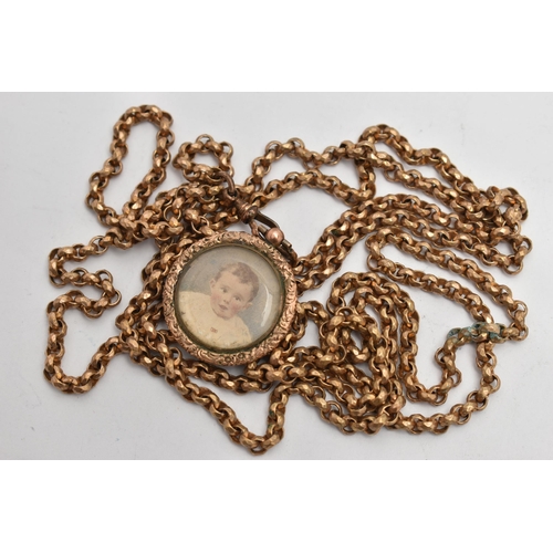 26 - A GOLD PLATED LONGUARD CHAIIN AND PHOTO LOCKET, gold plated textured belcher chain, fitted with a lo... 