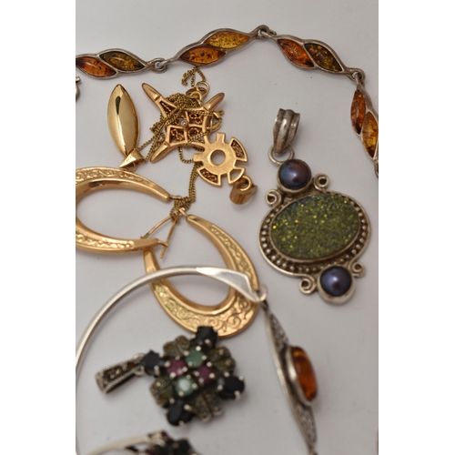 31 - A SMALL BAG OF JEWELLERY, to include a pair of gold plated creole hoop earrings, hallmarked silver B... 