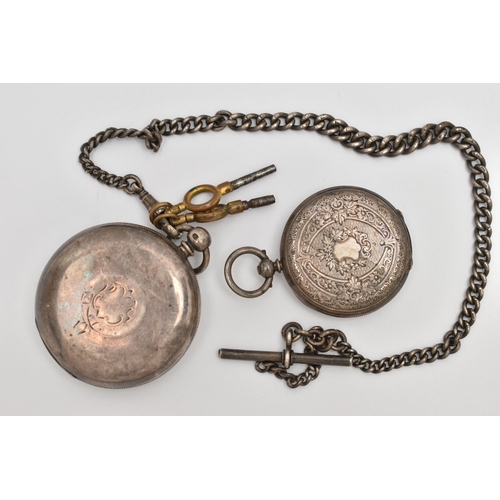 40 - TWO POCKET WATCHES AND AN ALBERT CHAIN, to include a key wound, open face silver pocket watch, round... 