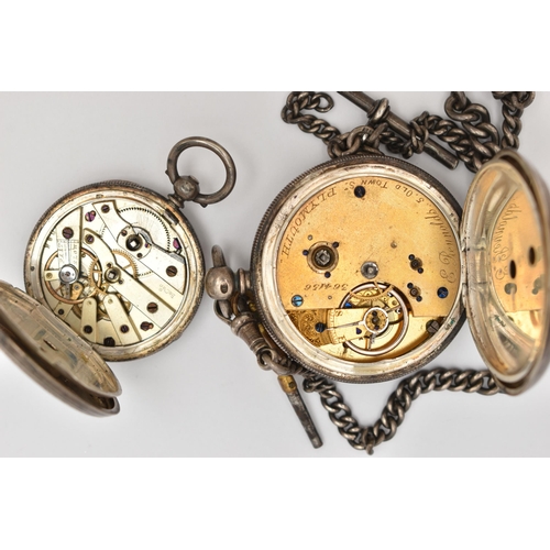 40 - TWO POCKET WATCHES AND AN ALBERT CHAIN, to include a key wound, open face silver pocket watch, round... 