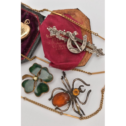 43 - A BAG OF ASSORTED JEWELLERY, to include a white metal orange paste set spider brooch stamped Sterlin... 