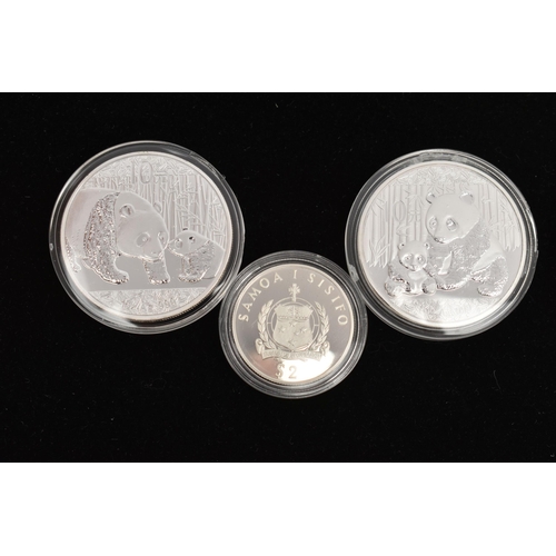 44 - THREE SILVER COINS, to include two 1oz Ag .999 Chinese Panda coins, both in protective capsules, tog... 