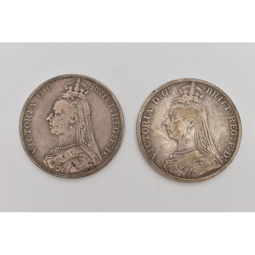 46 - TWO VICTORIAN CROWN COINS, one dated 1889 the other dated 1891, approximate gross weight 55.7 grams