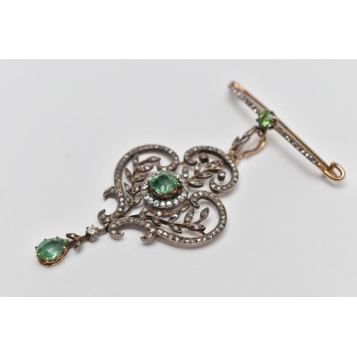 56 - A LATE 19TH BELLE EPOQUE LAVALIER PENDANT AND BROOCH, a foliage open work pendant, principally set w... 