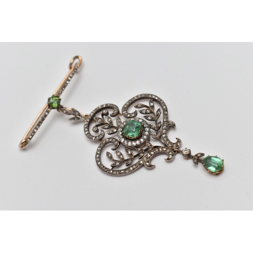 56 - A LATE 19TH BELLE EPOQUE LAVALIER PENDANT AND BROOCH, a foliage open work pendant, principally set w... 