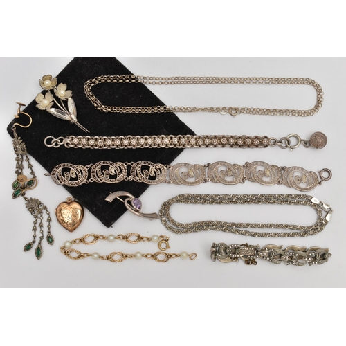 65 - A BAG OF ASSORTED WHITE METAL JEWELLERY, to include an early 20th century white metal bracelet, a pa... 