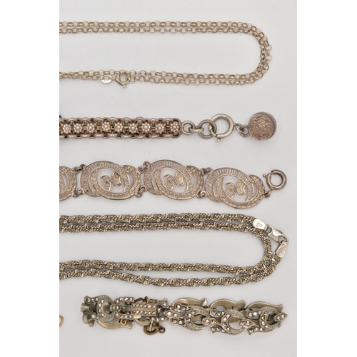 65 - A BAG OF ASSORTED WHITE METAL JEWELLERY, to include an early 20th century white metal bracelet, a pa... 