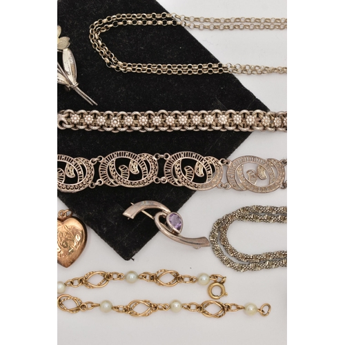 65 - A BAG OF ASSORTED WHITE METAL JEWELLERY, to include an early 20th century white metal bracelet, a pa... 